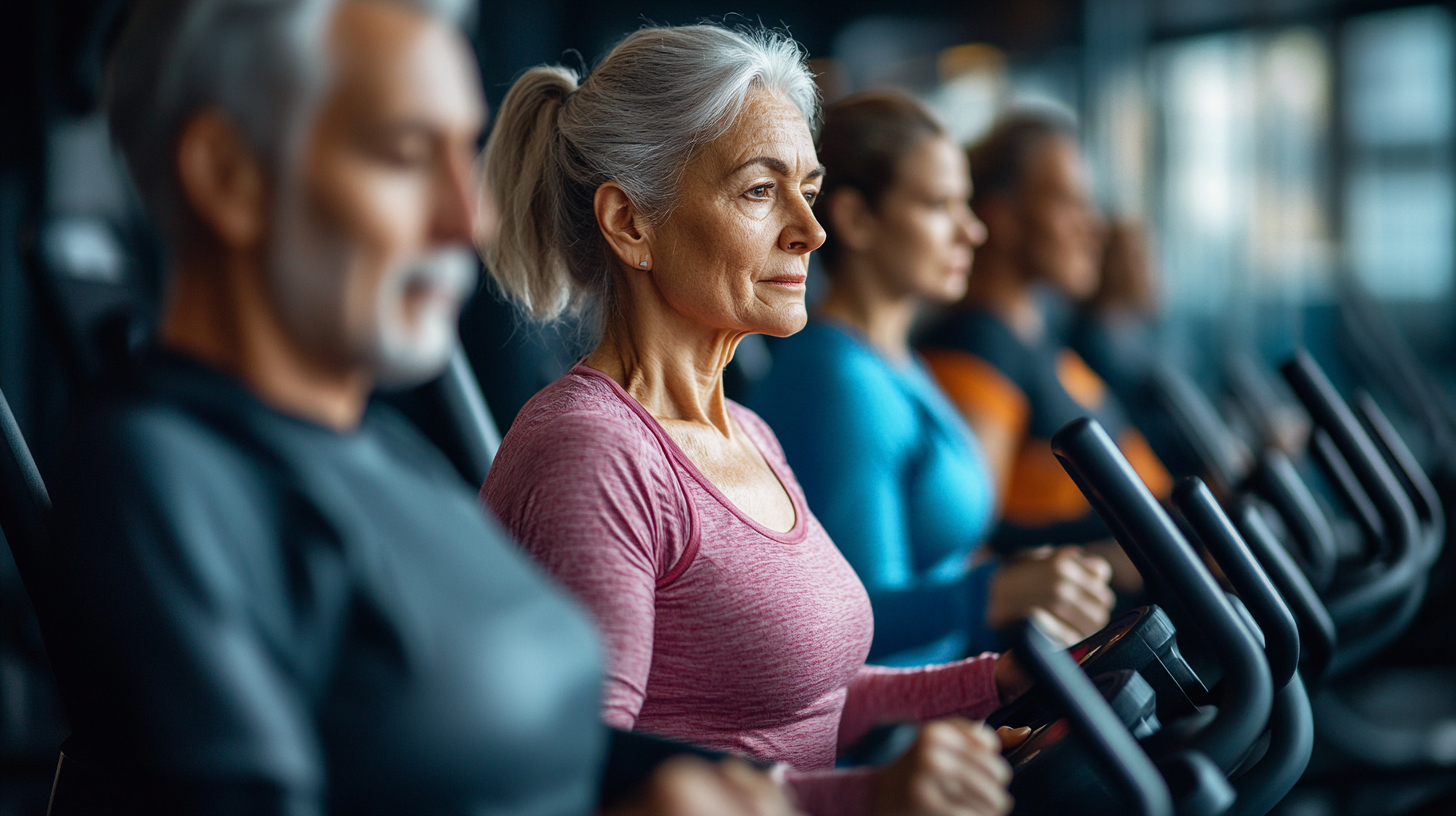 Група старших людей займається фітнесом разом з тренером в світлому залі